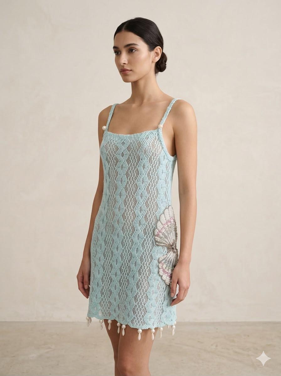 Guipure Aqua Sea Shell Short Dress