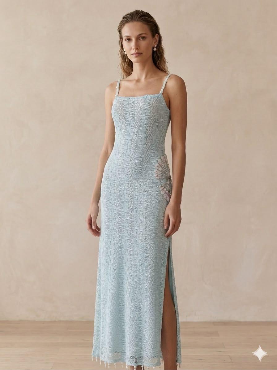 Guipure Long Aqua Sea Shell Dress